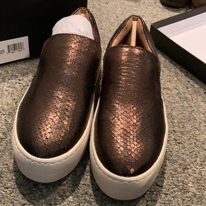 J slides bronze embossed leather sneaker